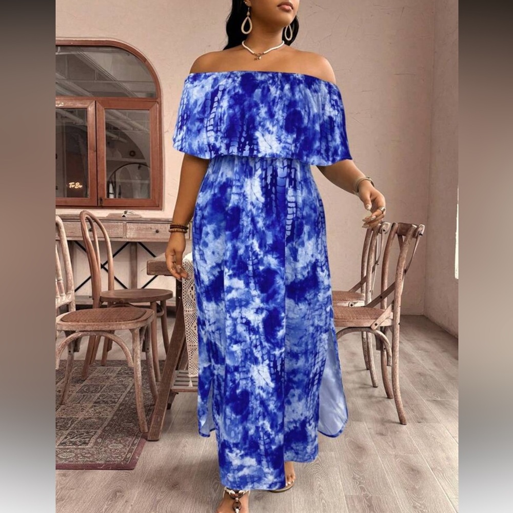 Off-Shoulder Blue Tie Dye Maxi Dress